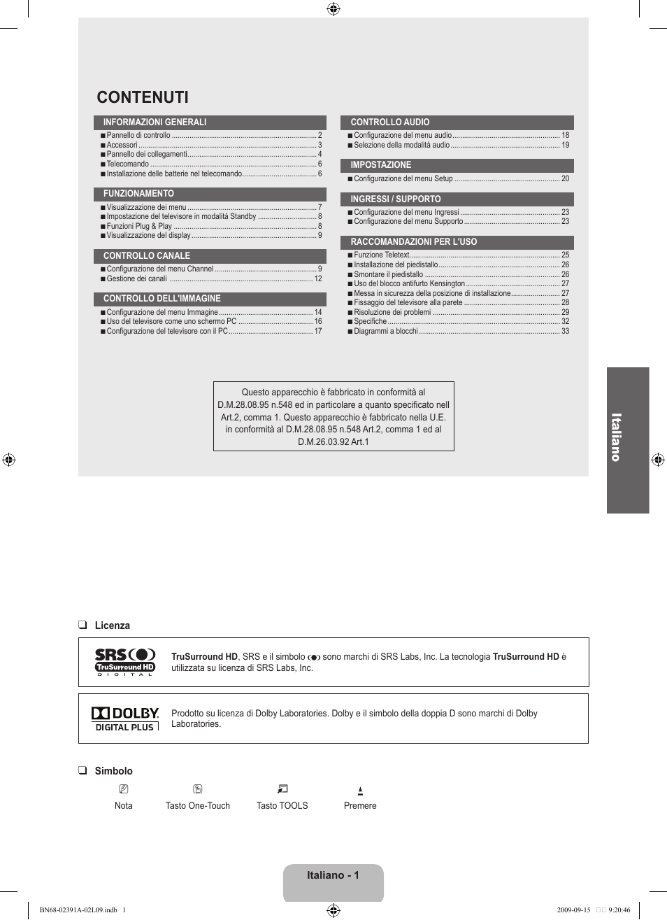 Contenuti, Italiano | Samsung LE22B450C8W User Manual | Page 139 / 314