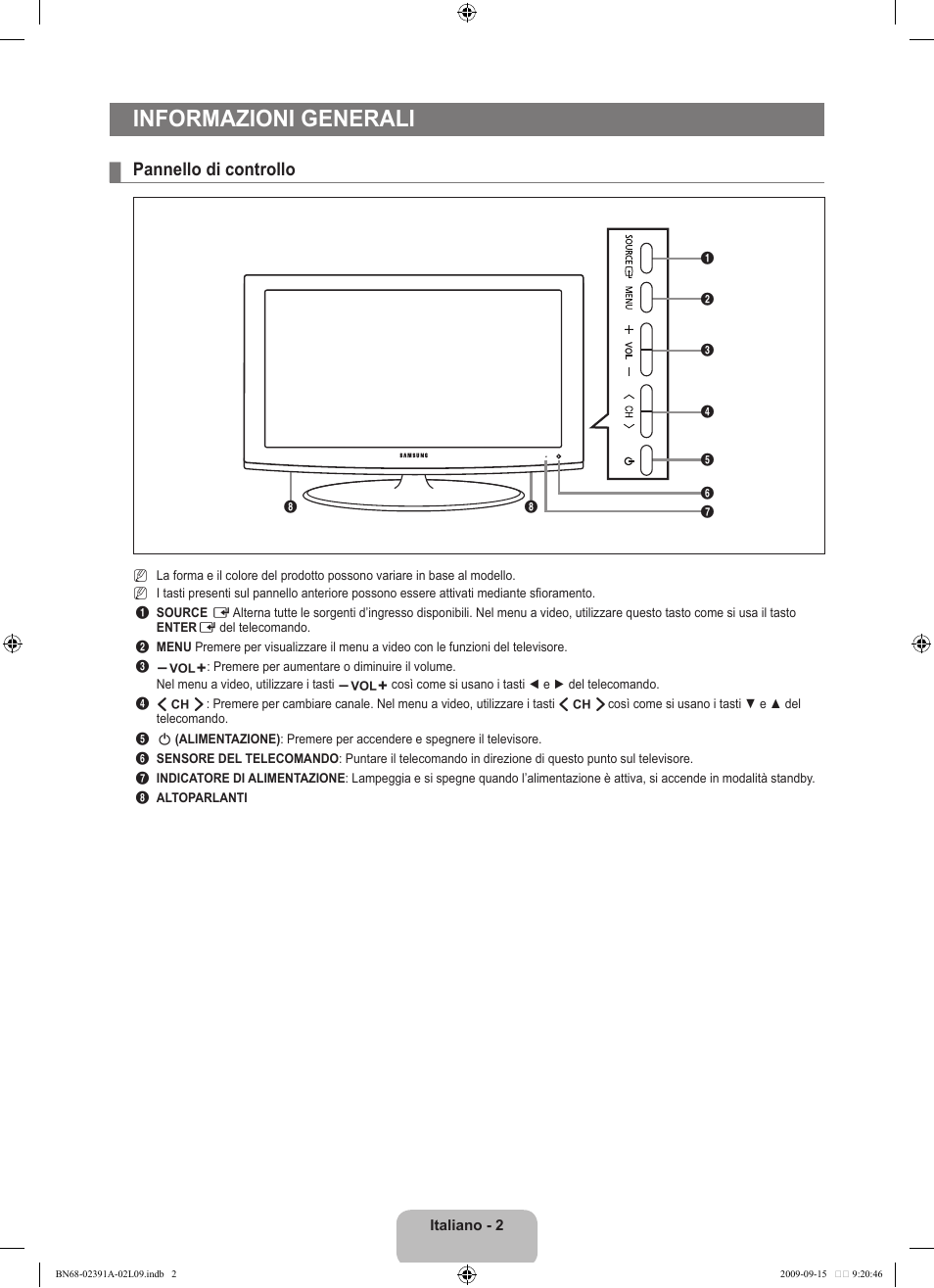 Informazioni generali, Pannello di controllo | Samsung LE22B450C8W User Manual | Page 140 / 314