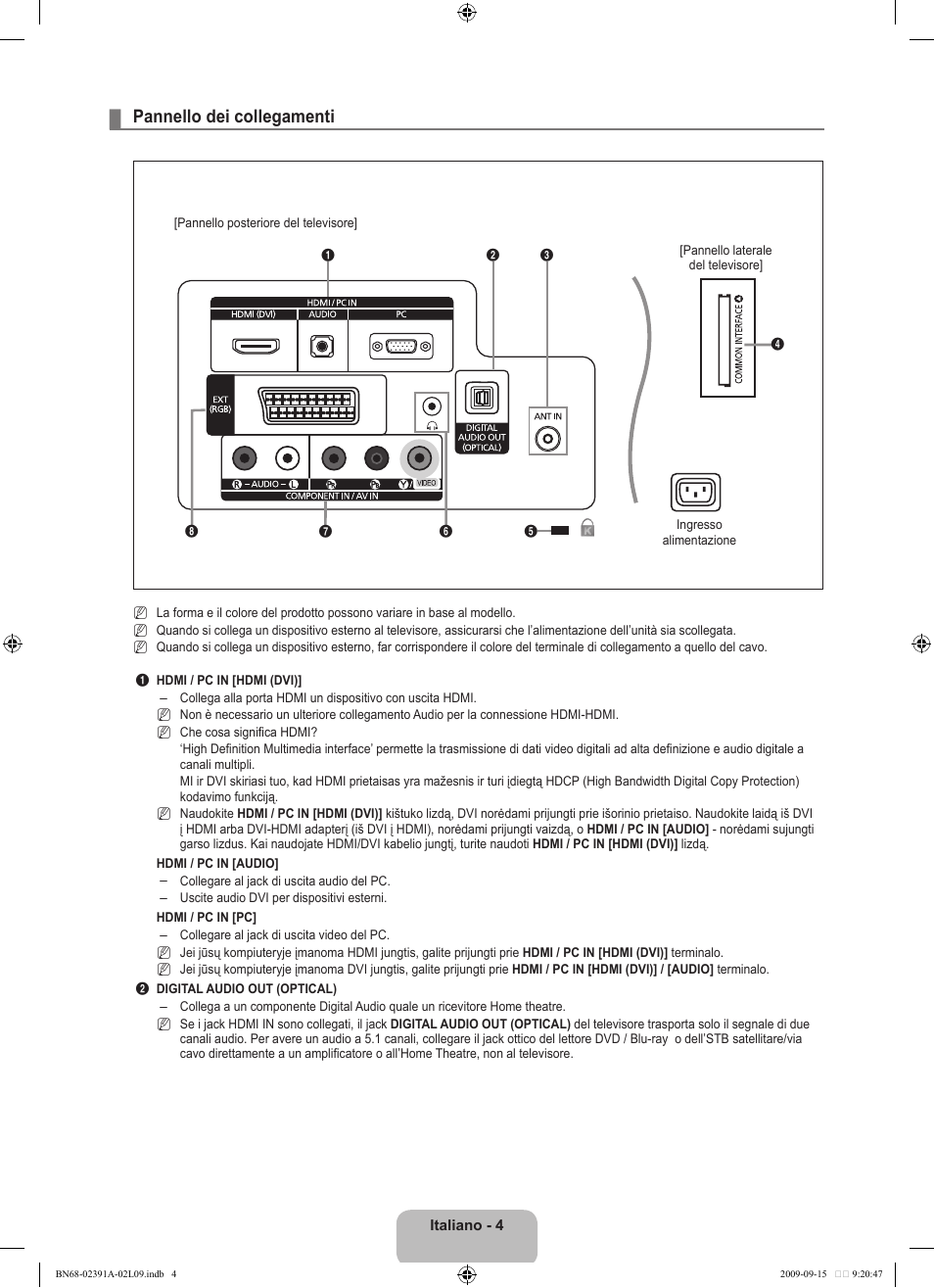 Pannello dei collegamenti | Samsung LE22B450C8W User Manual | Page 142 / 314