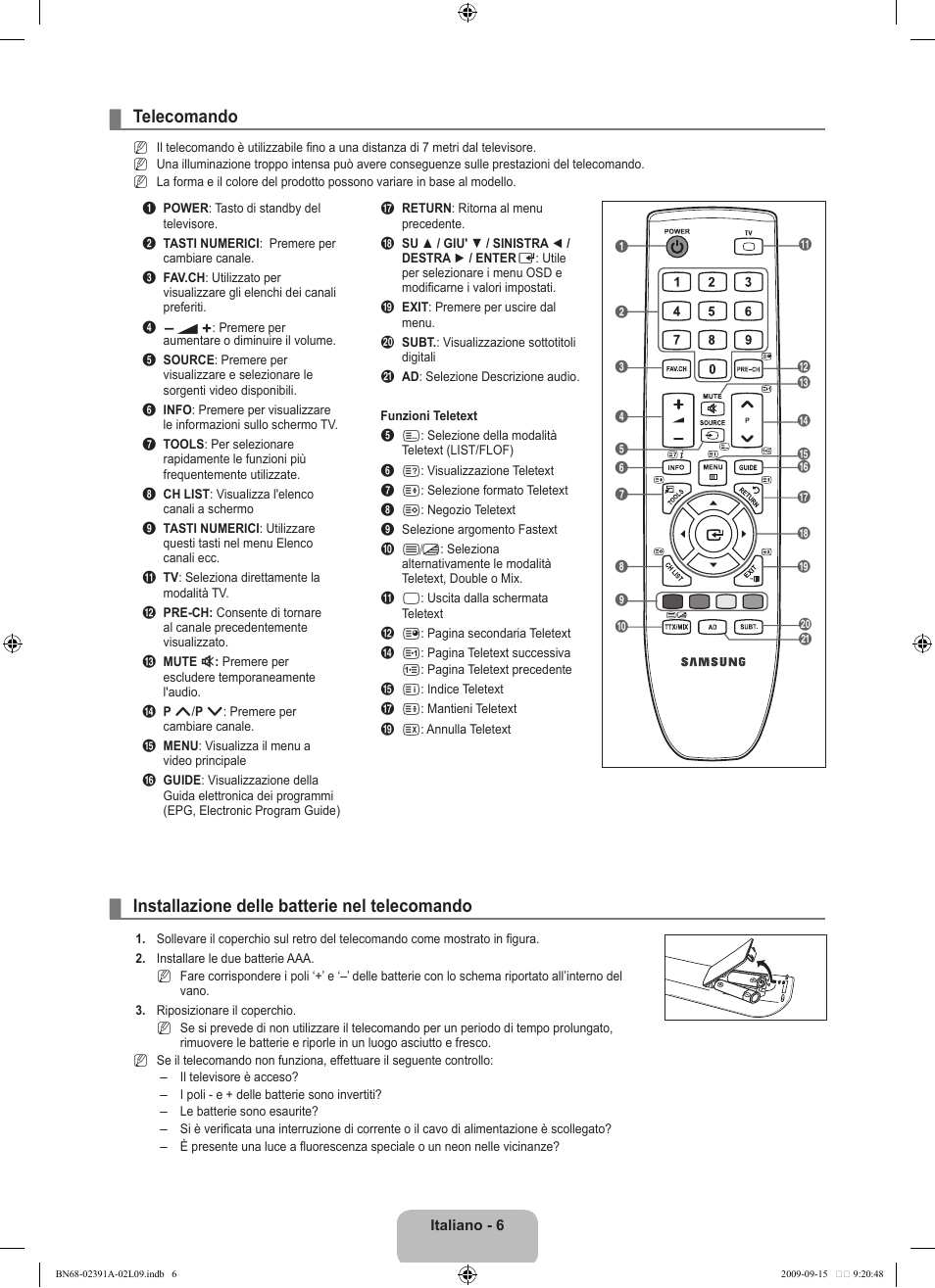 Telecomando, Installazione delle batterie nel telecomando | Samsung LE22B450C8W User Manual | Page 144 / 314