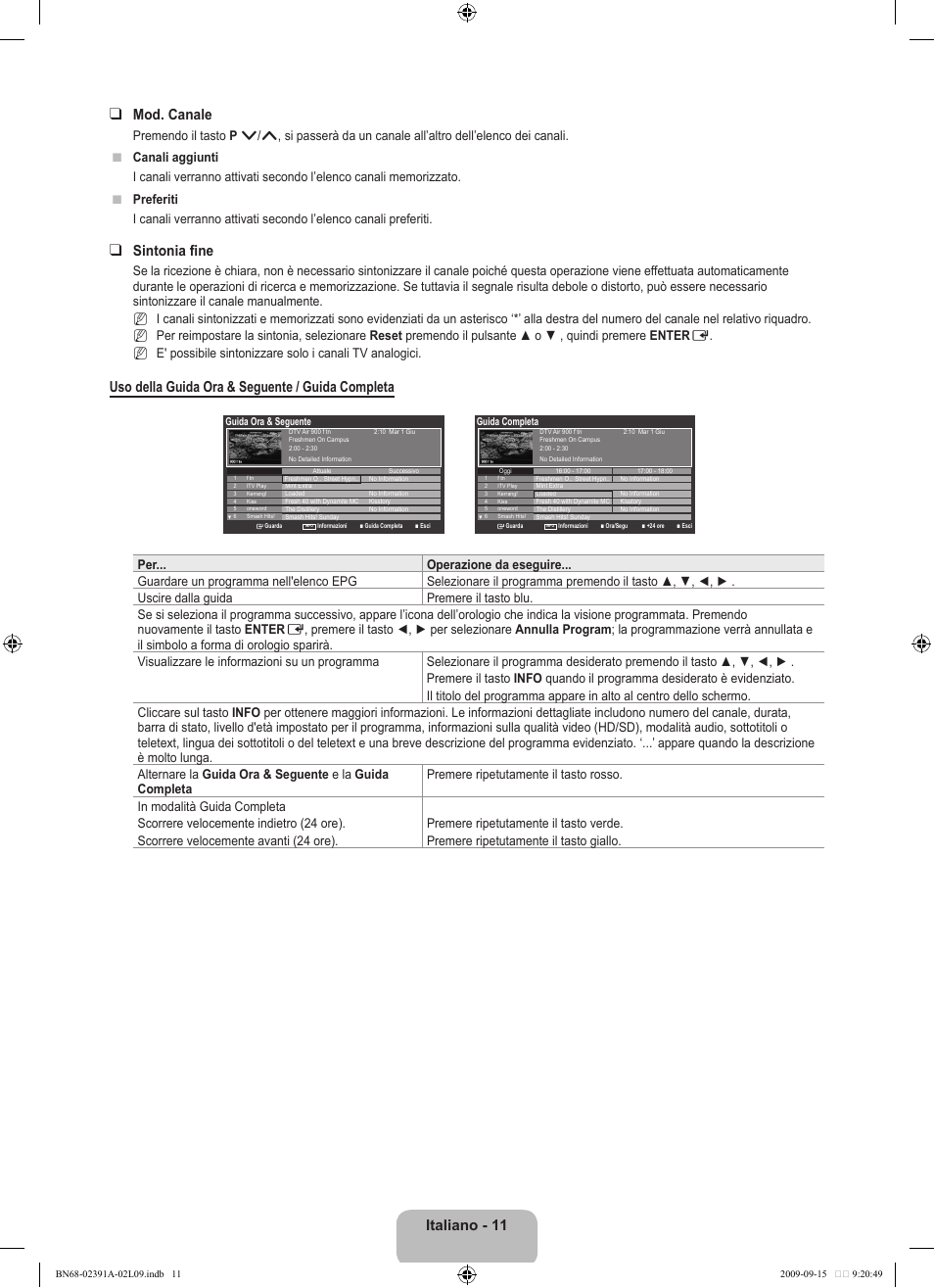 Italiano - 11 mod. canale, Sintonia fine, Uso della guida ora & seguente / guida completa | N n n | Samsung LE22B450C8W User Manual | Page 149 / 314
