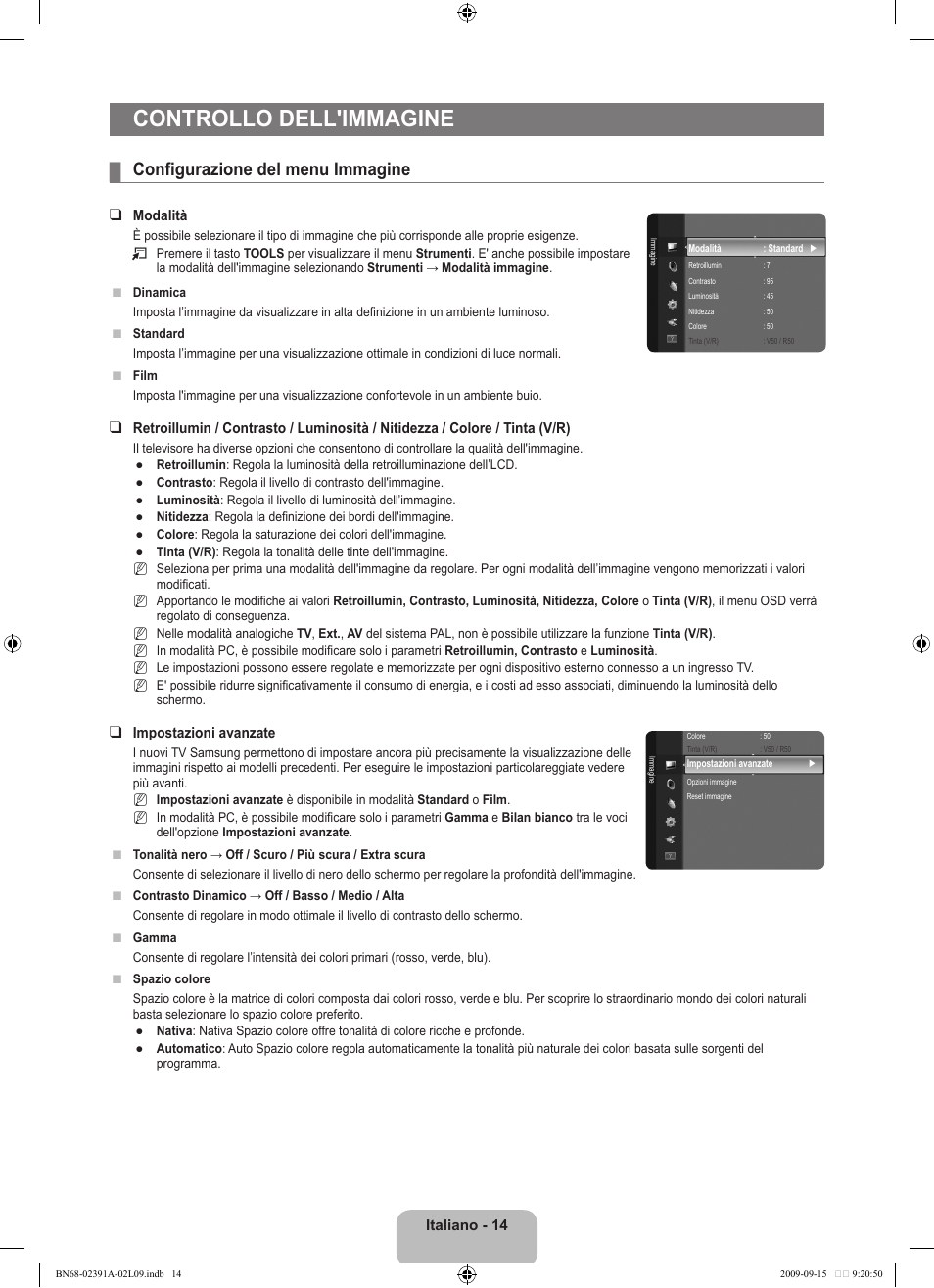 Controllo dell'immagine, Configurazione del menu immagine | Samsung LE22B450C8W User Manual | Page 152 / 314