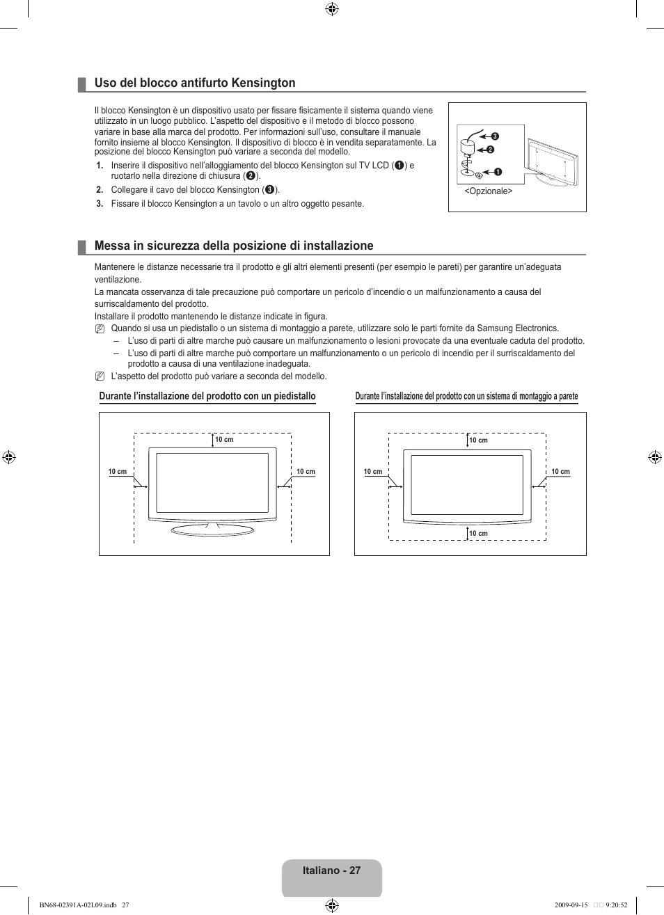Uso del blocco antifurto kensington | Samsung LE22B450C8W User Manual | Page 165 / 314