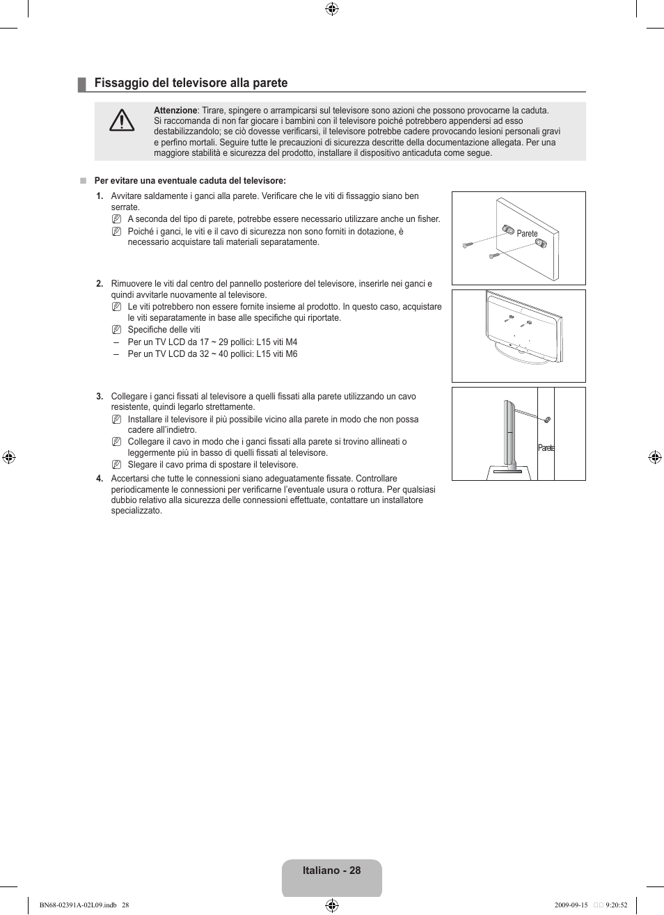 Fissaggio del televisore alla parete | Samsung LE22B450C8W User Manual | Page 166 / 314