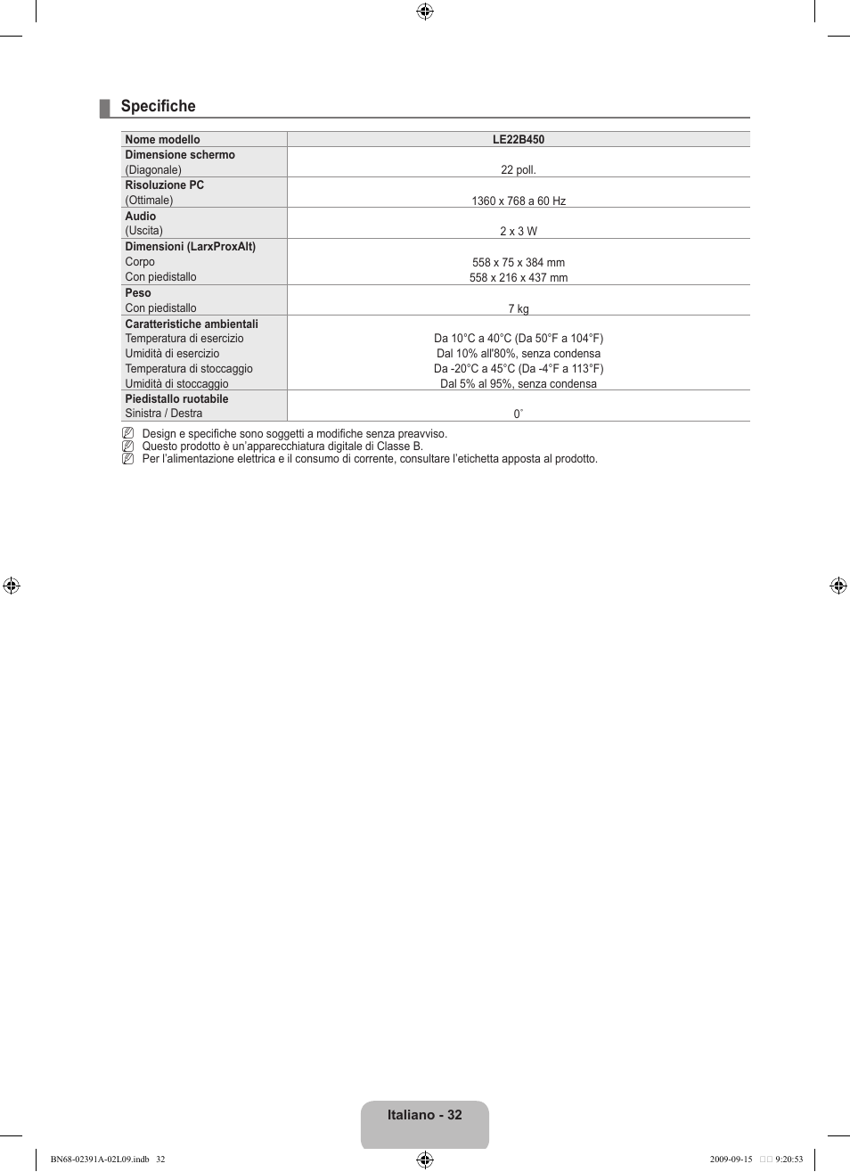 Specifiche | Samsung LE22B450C8W User Manual | Page 170 / 314