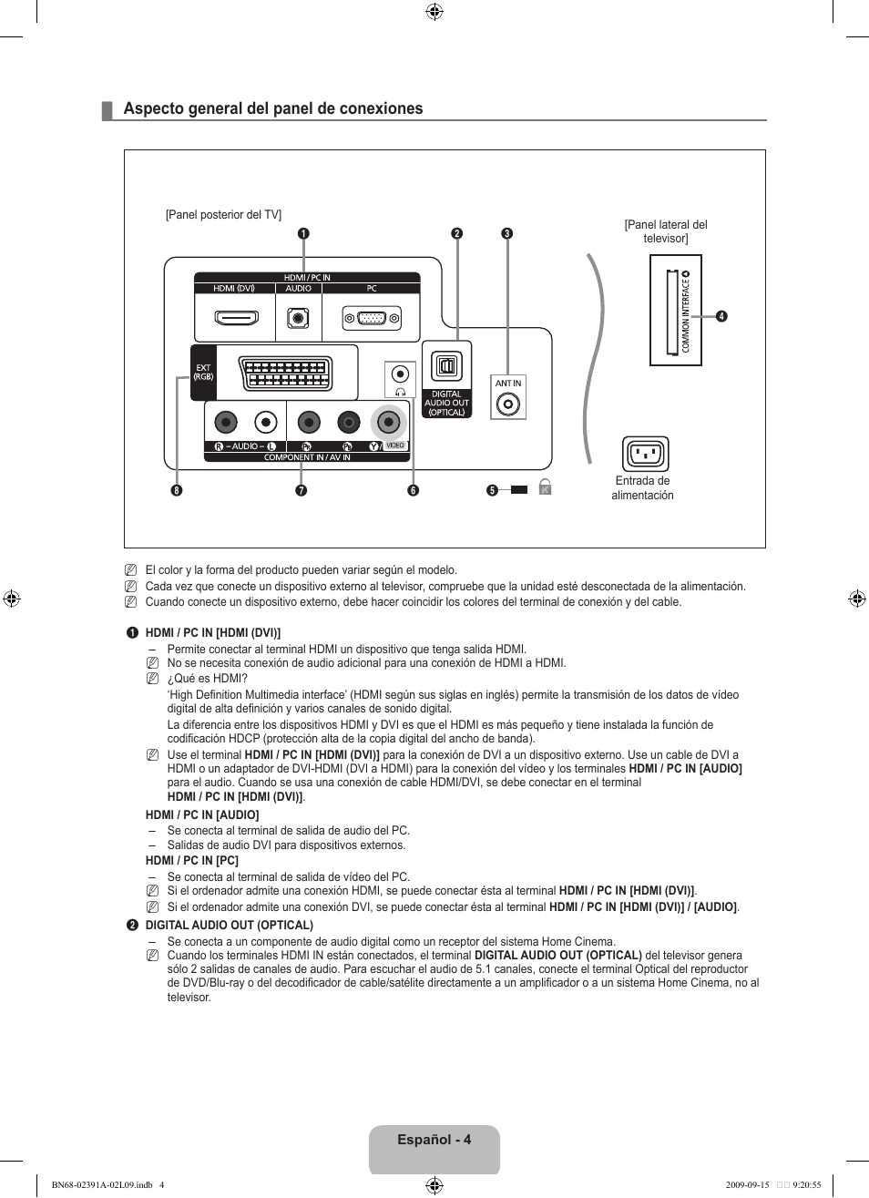 Aspecto general del panel de conexiones | Samsung LE22B450C8W User Manual | Page 176 / 314