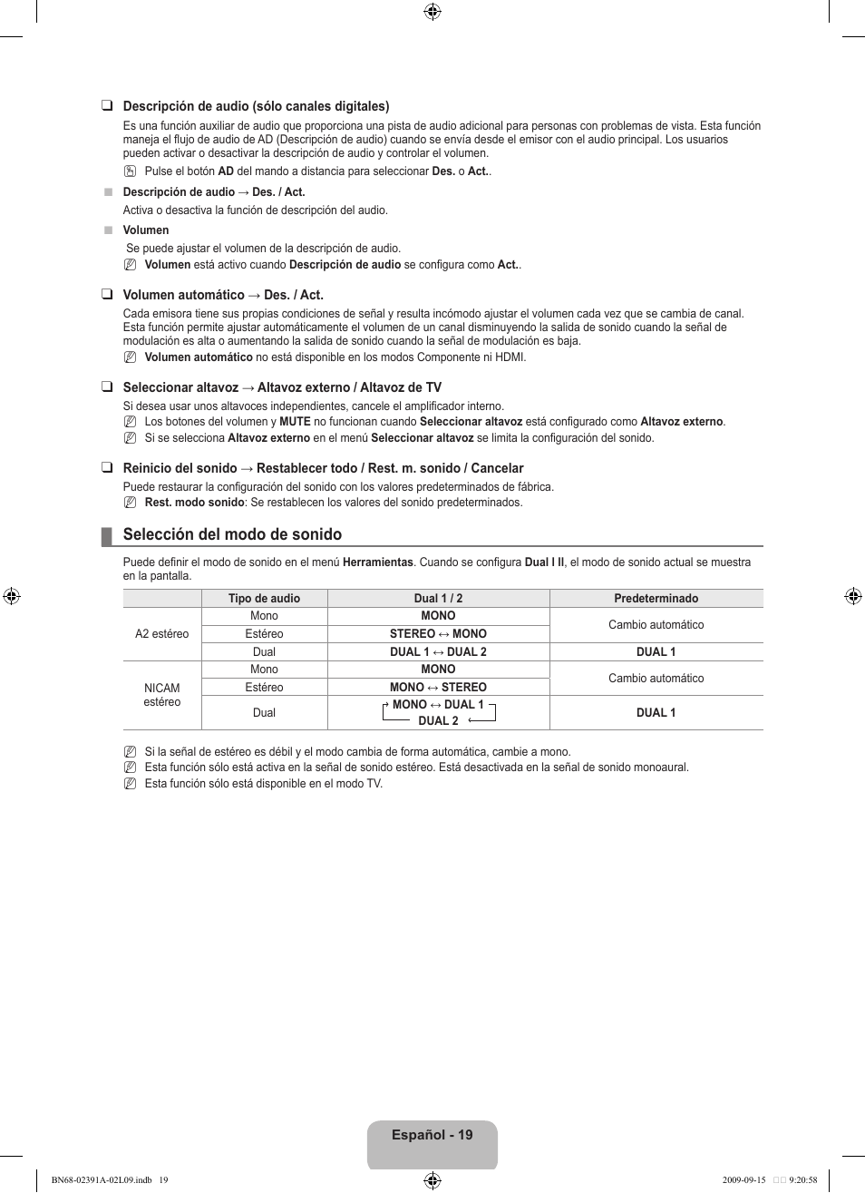 Selección del modo de sonido | Samsung LE22B450C8W User Manual | Page 191 / 314