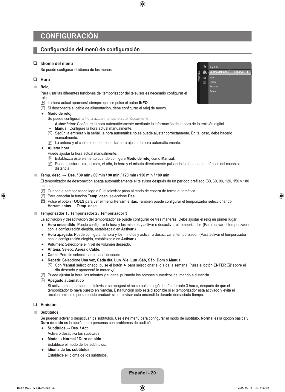 Configuración, Configuración del menú de configuración | Samsung LE22B450C8W User Manual | Page 192 / 314