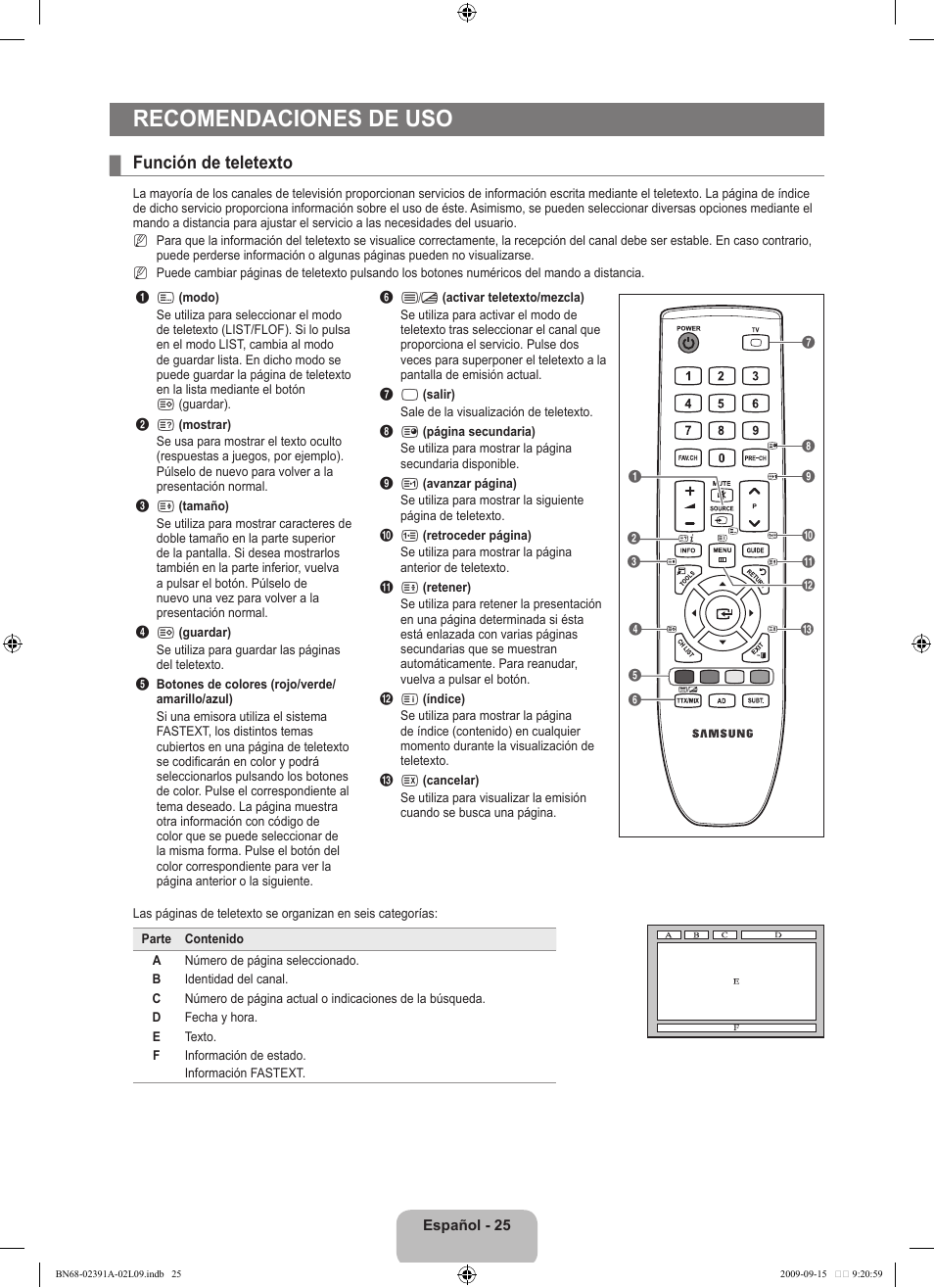 Recomendaciones de uso, Función de teletexto | Samsung LE22B450C8W User Manual | Page 197 / 314