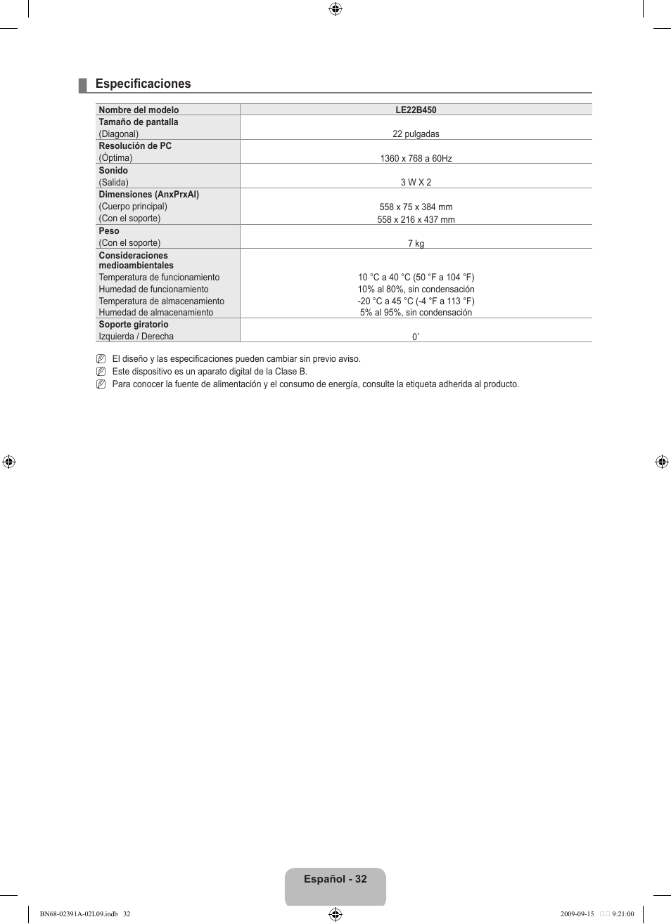 Especificaciones | Samsung LE22B450C8W User Manual | Page 204 / 314
