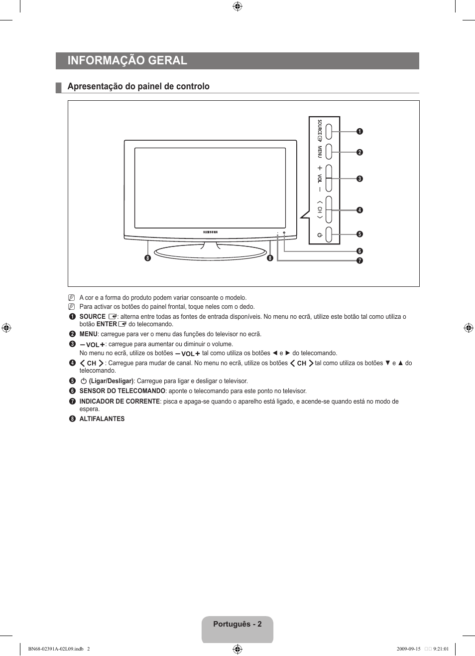 Informação geral, Apresentação do painel de controlo | Samsung LE22B450C8W User Manual | Page 208 / 314