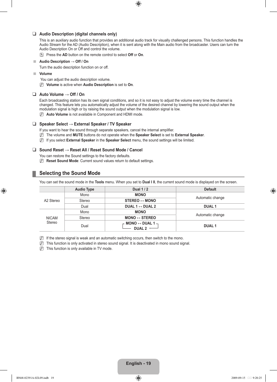 Selecting the sound mode | Samsung LE22B450C8W User Manual | Page 21 / 314