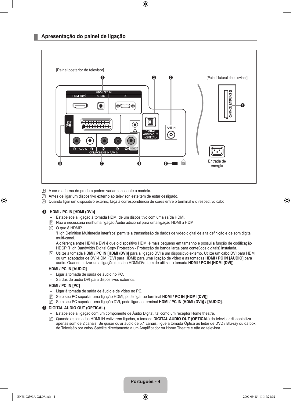 Apresentação do painel de ligação | Samsung LE22B450C8W User Manual | Page 210 / 314