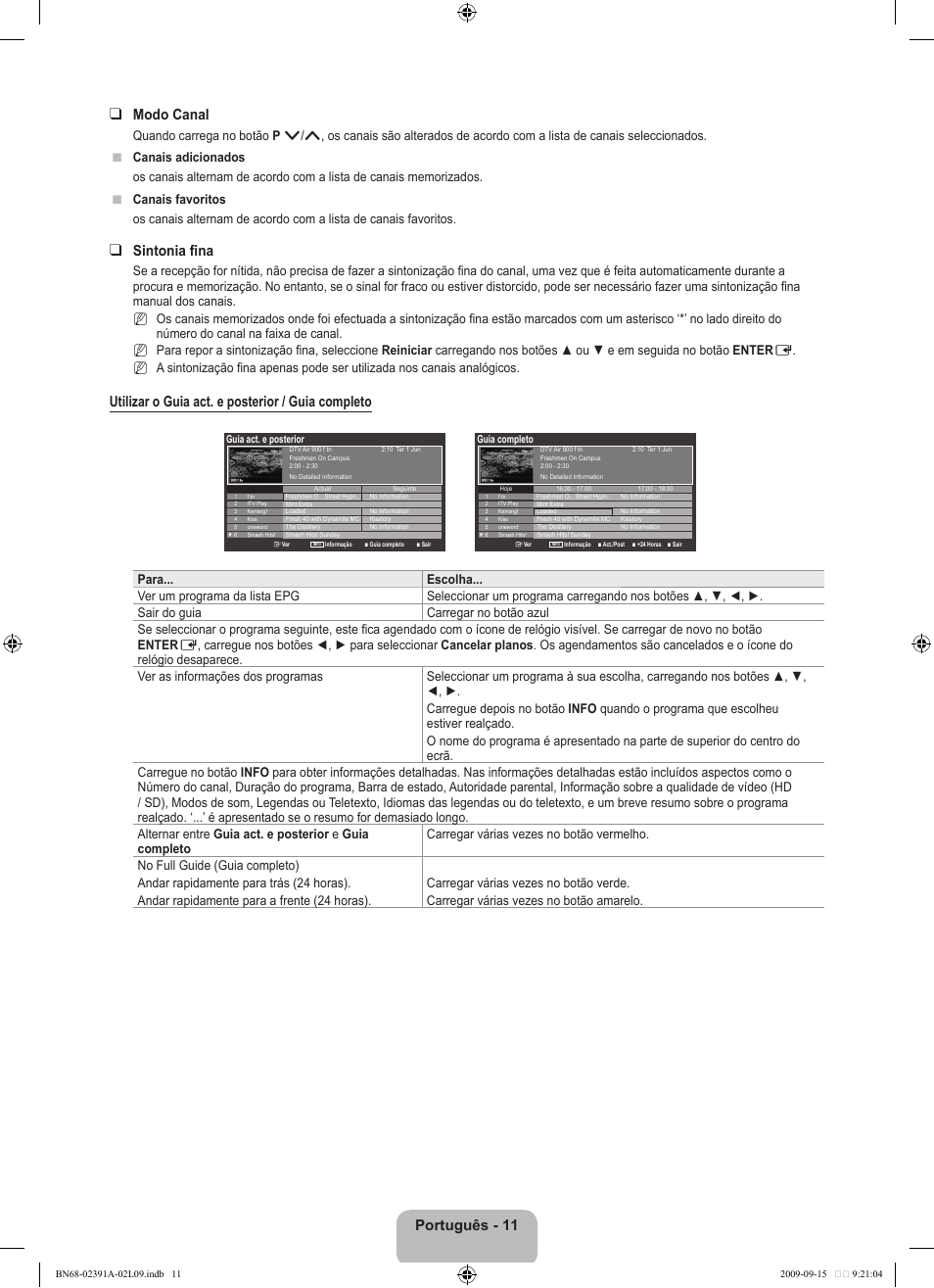 Português - 11 modo canal, Sintonia fina, Utilizar o guia act. e posterior / guia completo | Nn n | Samsung LE22B450C8W User Manual | Page 217 / 314