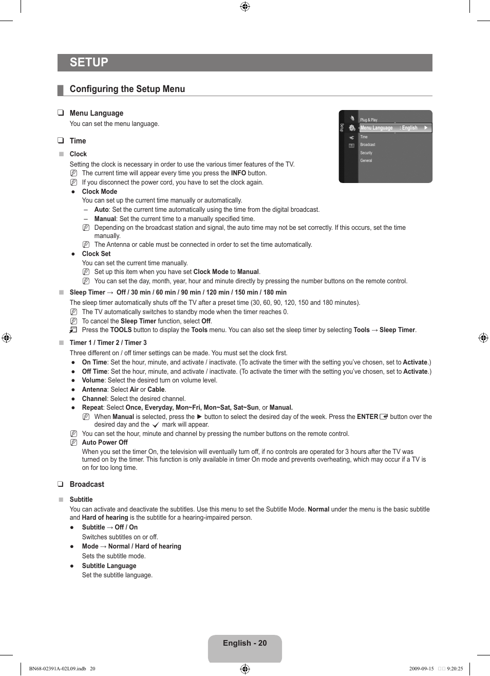 Setup, Configuring the setup menu | Samsung LE22B450C8W User Manual | Page 22 / 314