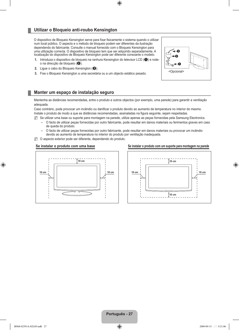 Utilizar o bloqueio anti-roubo kensington, Manter um espaço de instalação seguro | Samsung LE22B450C8W User Manual | Page 233 / 314