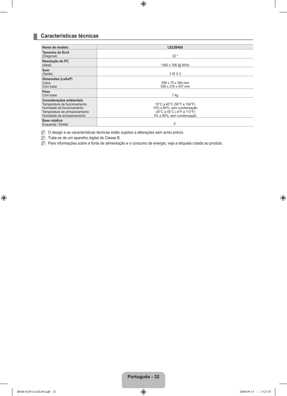 Características técnicas, Português - 32 | Samsung LE22B450C8W User Manual | Page 238 / 314