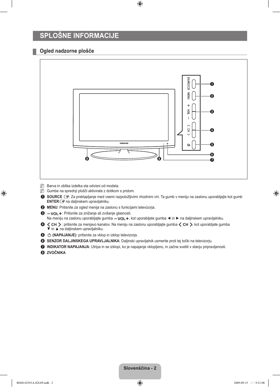 Splošne informacije, Ogled nadzorne plošče | Samsung LE22B450C8W User Manual | Page 242 / 314