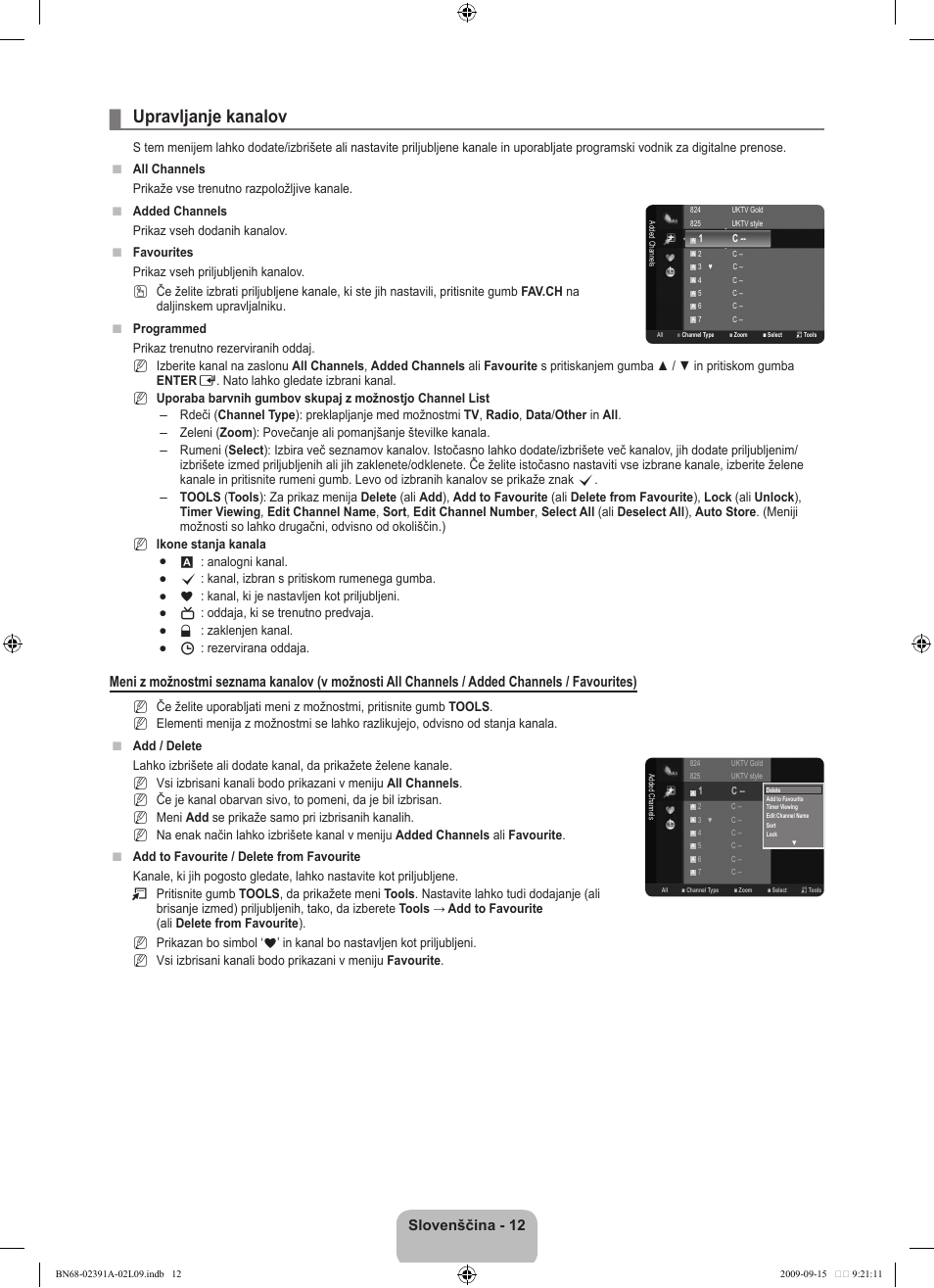 Upravljanje kanalov, Slovenščina - 12 | Samsung LE22B450C8W User Manual | Page 252 / 314