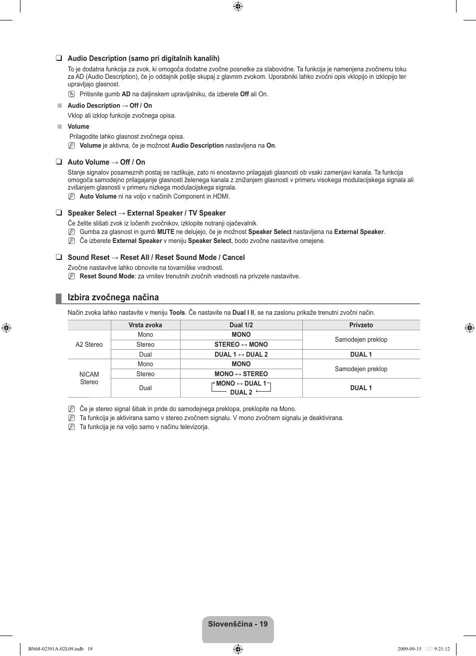 Izbira zvočnega načina | Samsung LE22B450C8W User Manual | Page 259 / 314