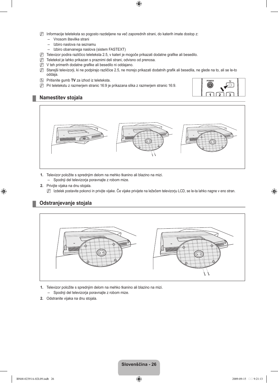 Namestitev stojala, Odstranjevanje stojala | Samsung LE22B450C8W User Manual | Page 266 / 314