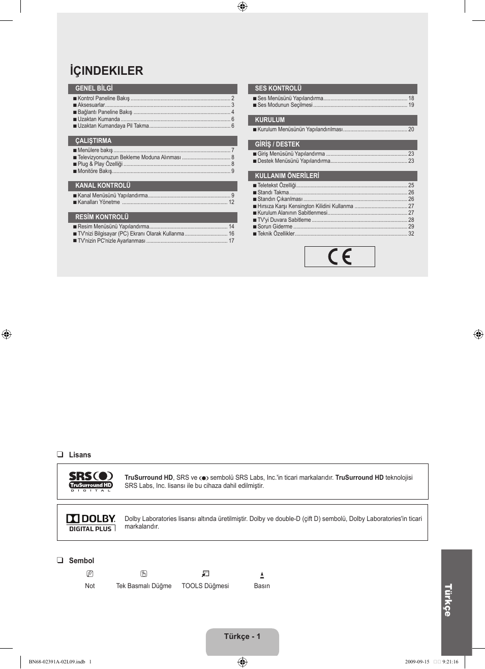 Içindekiler, Tür kçe | Samsung LE22B450C8W User Manual | Page 275 / 314