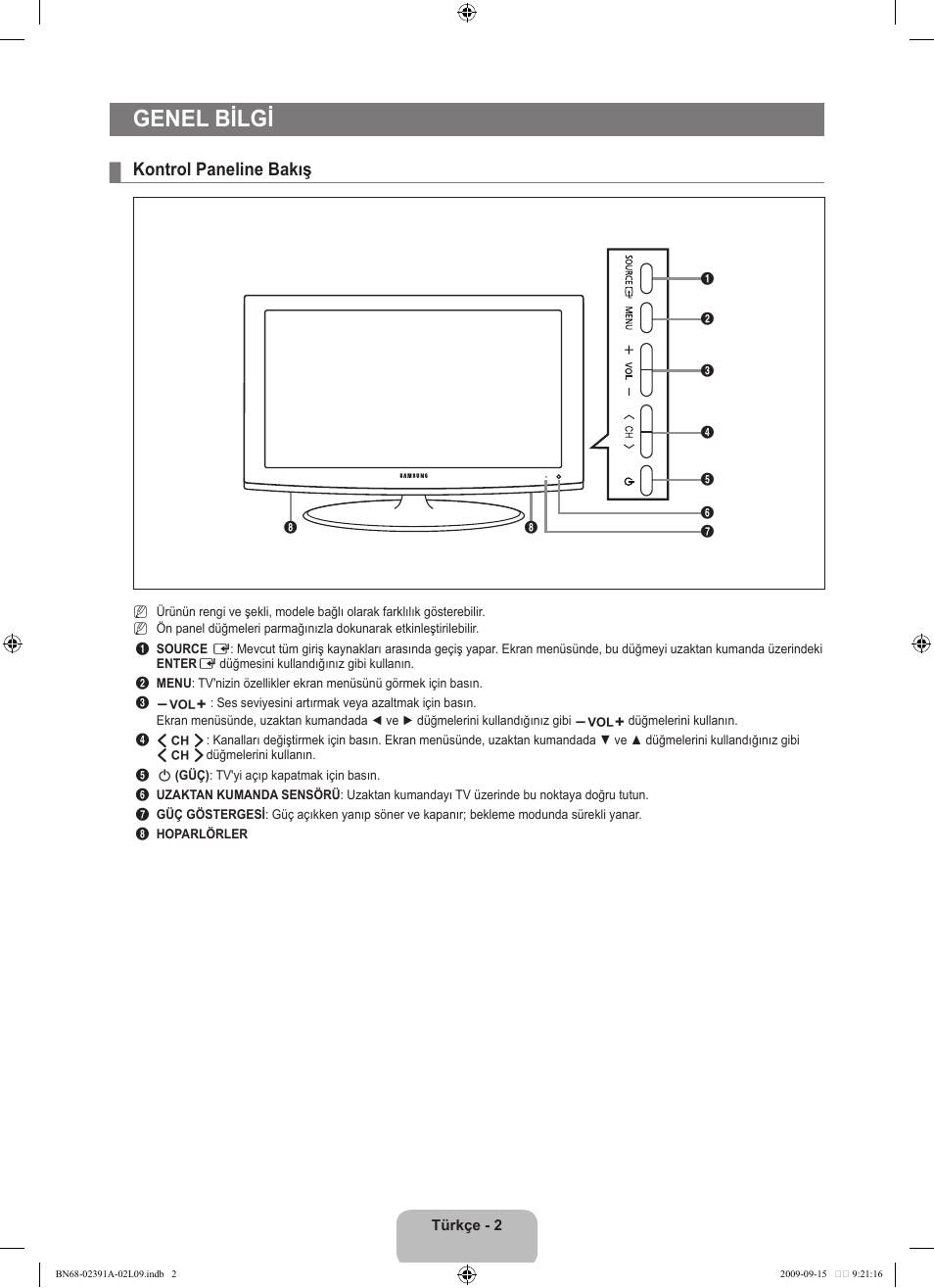 Genel bilgi, Kontrol paneline bakış | Samsung LE22B450C8W User Manual | Page 276 / 314