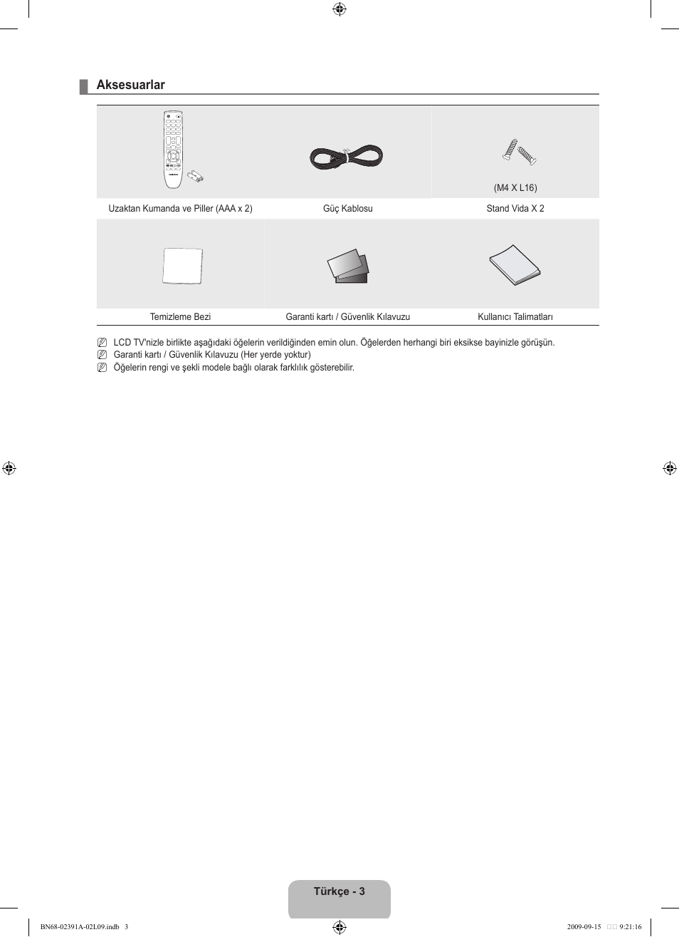 Aksesuarlar | Samsung LE22B450C8W User Manual | Page 277 / 314
