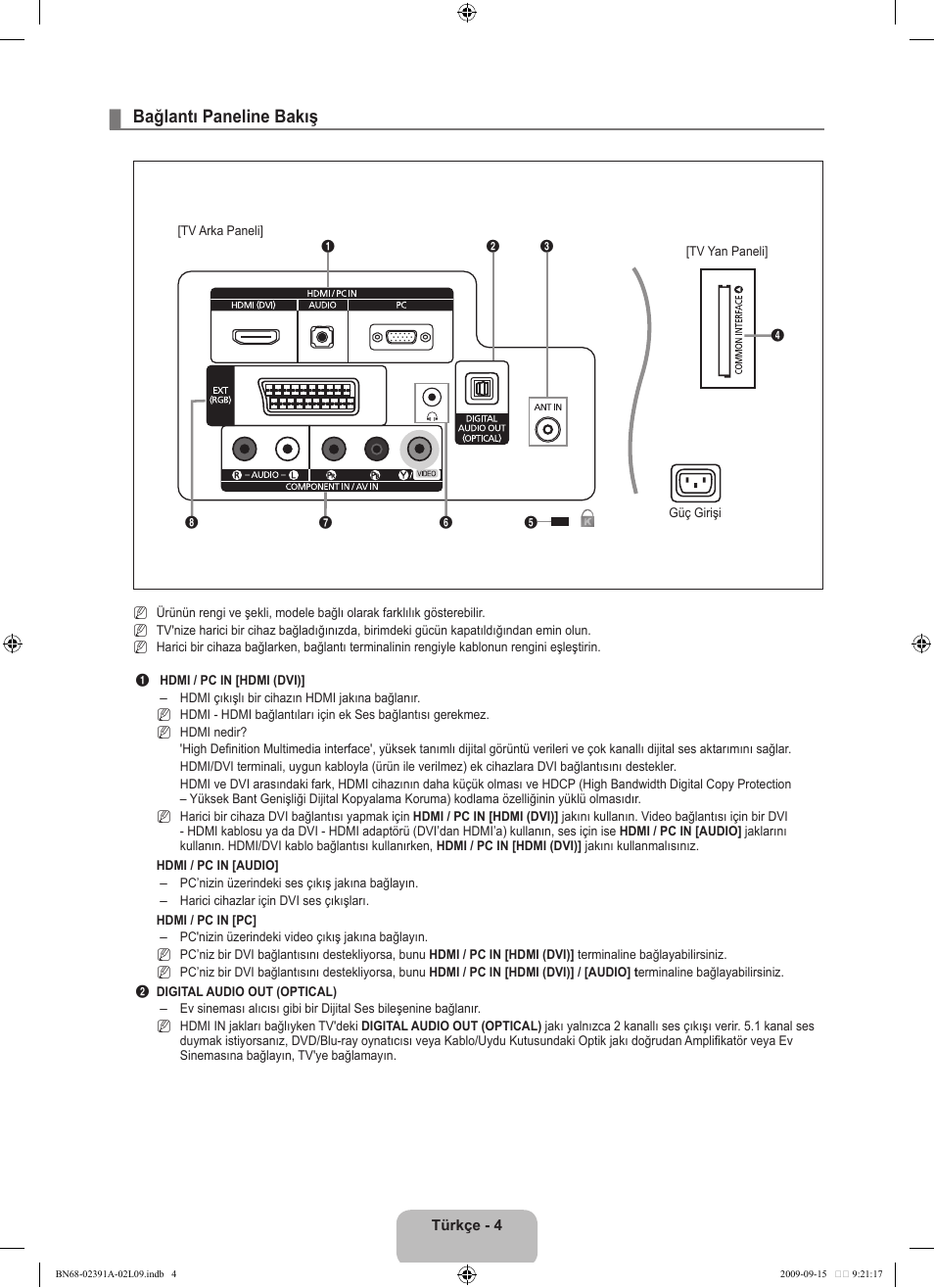 Bağlantı paneline bakış | Samsung LE22B450C8W User Manual | Page 278 / 314