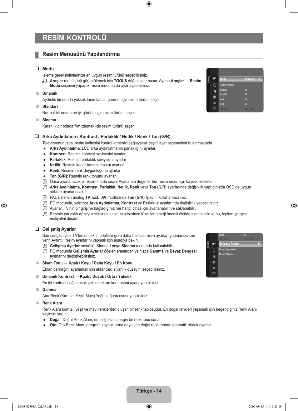 Resim kontrolü, Resim menüsünü yapılandırma | Samsung LE22B450C8W User Manual | Page 288 / 314