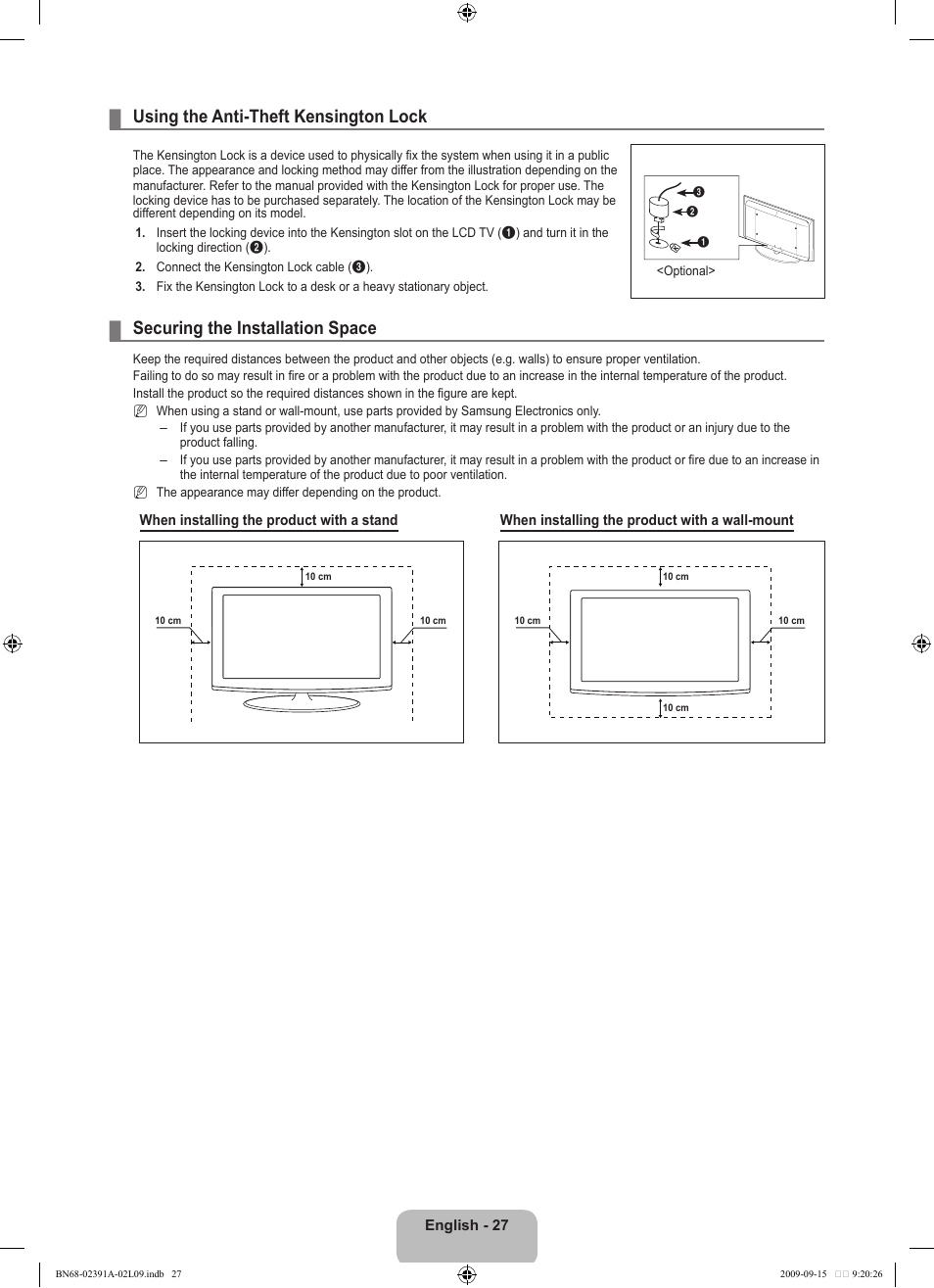 Using the anti-theft kensington lock, Securing the installation space | Samsung LE22B450C8W User Manual | Page 29 / 314
