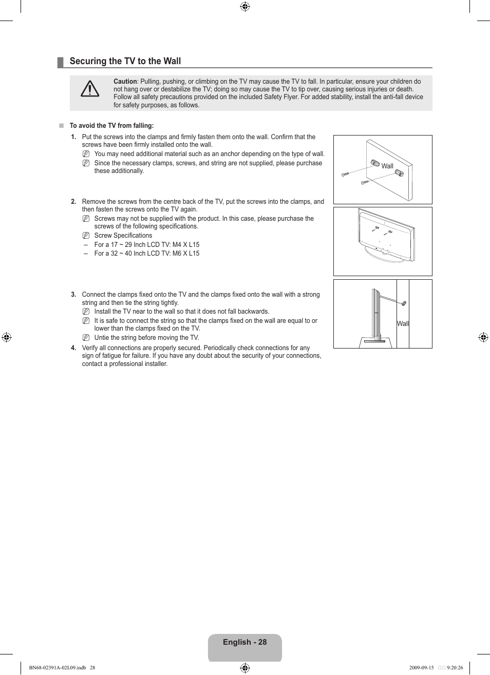 Securing the tv to the wall | Samsung LE22B450C8W User Manual | Page 30 / 314