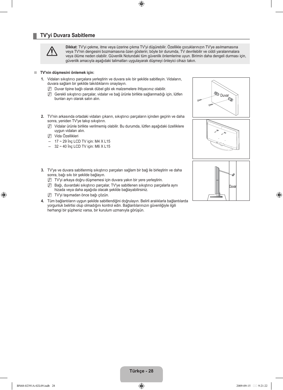 Tv'yi duvara sabitleme | Samsung LE22B450C8W User Manual | Page 302 / 314