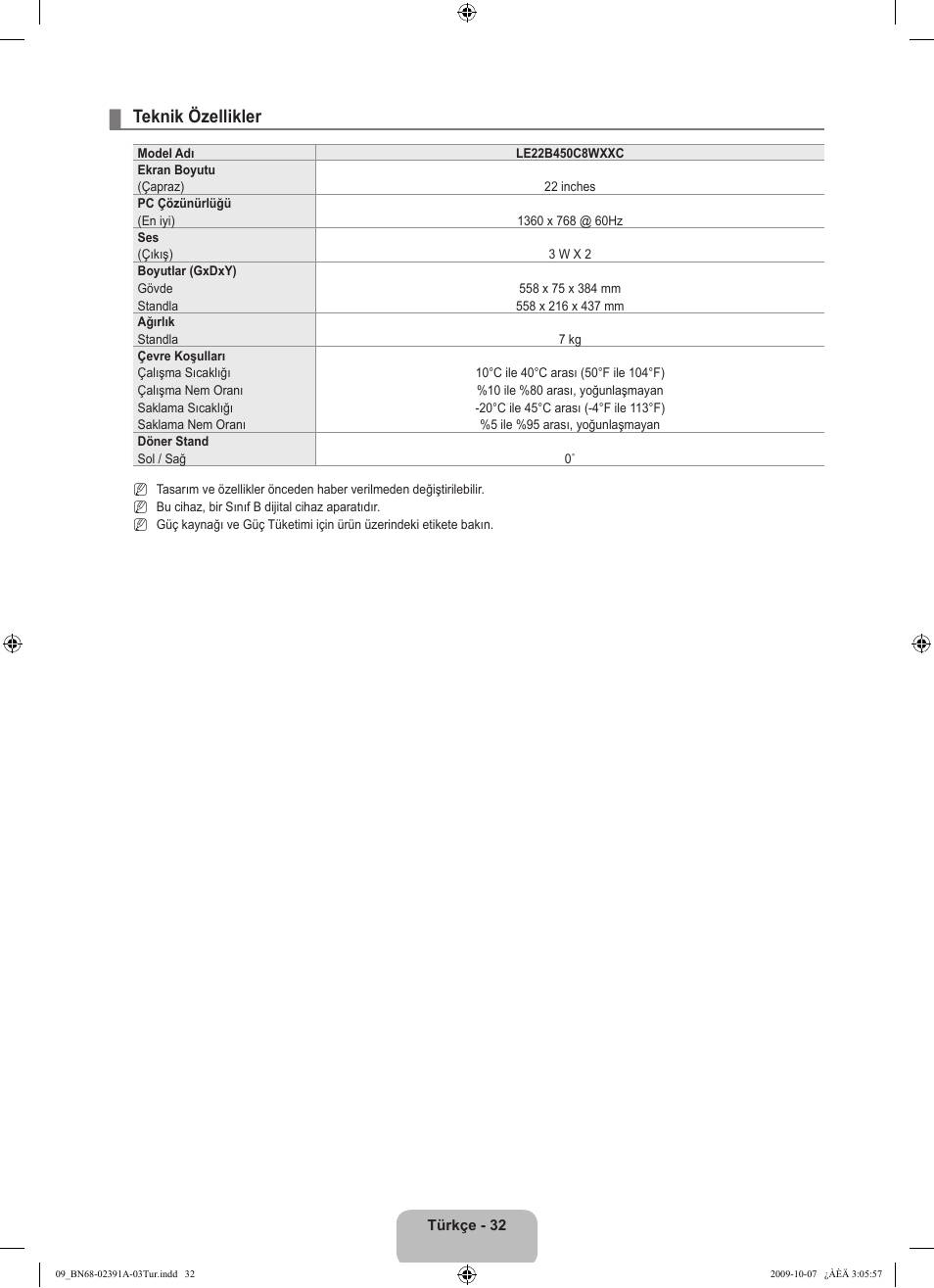 Teknik özellikler | Samsung LE22B450C8W User Manual | Page 306 / 314