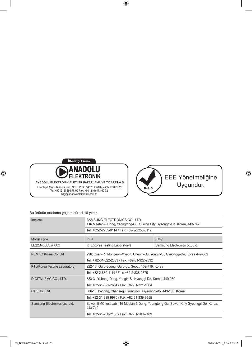 Anadolu, Eee yönetmeliğine uygundur, Elektronik | Samsung LE22B450C8W User Manual | Page 307 / 314