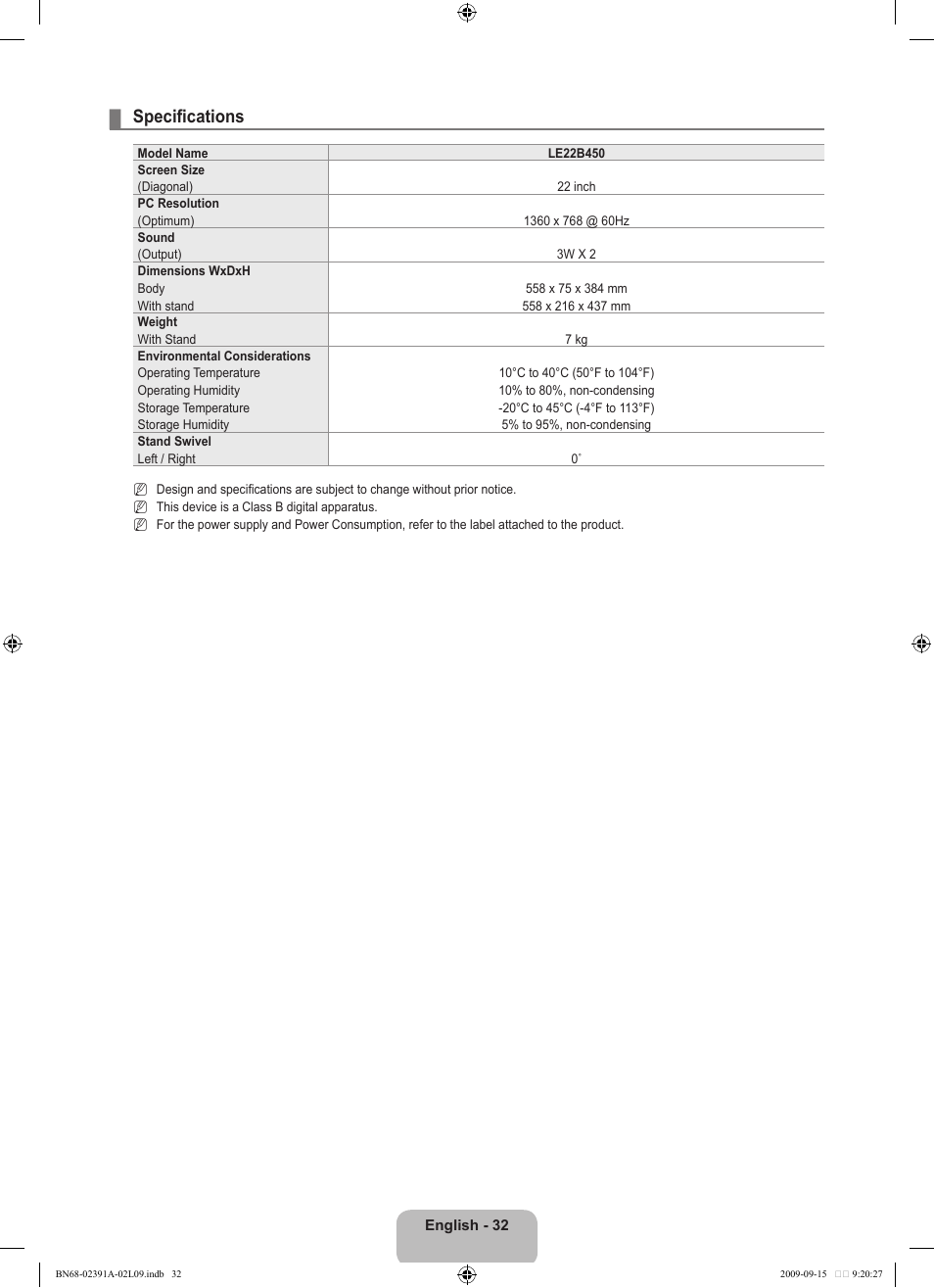 Specifications | Samsung LE22B450C8W User Manual | Page 34 / 314