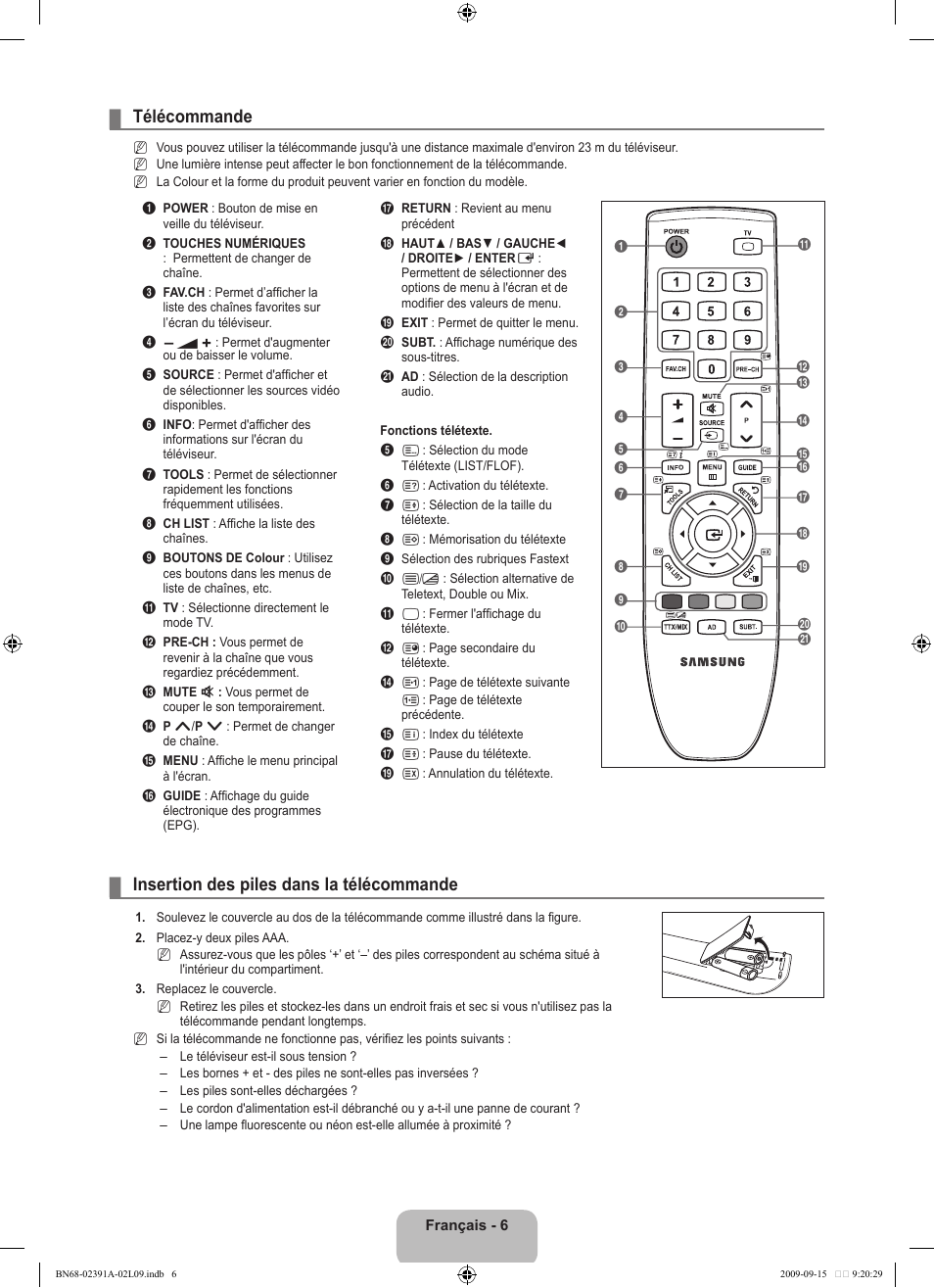 Télécommande, Insertion des piles dans la télécommande | Samsung LE22B450C8W User Manual | Page 42 / 314