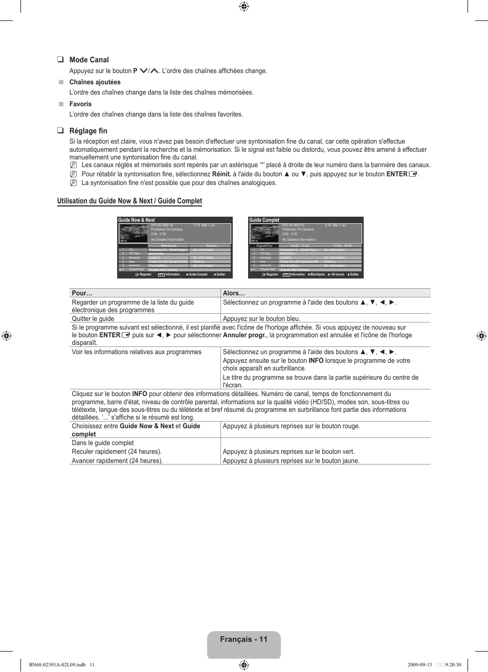Français - 11 mode canal, Réglage fin, Utilisation du guide now & next / guide complet | N n n | Samsung LE22B450C8W User Manual | Page 47 / 314