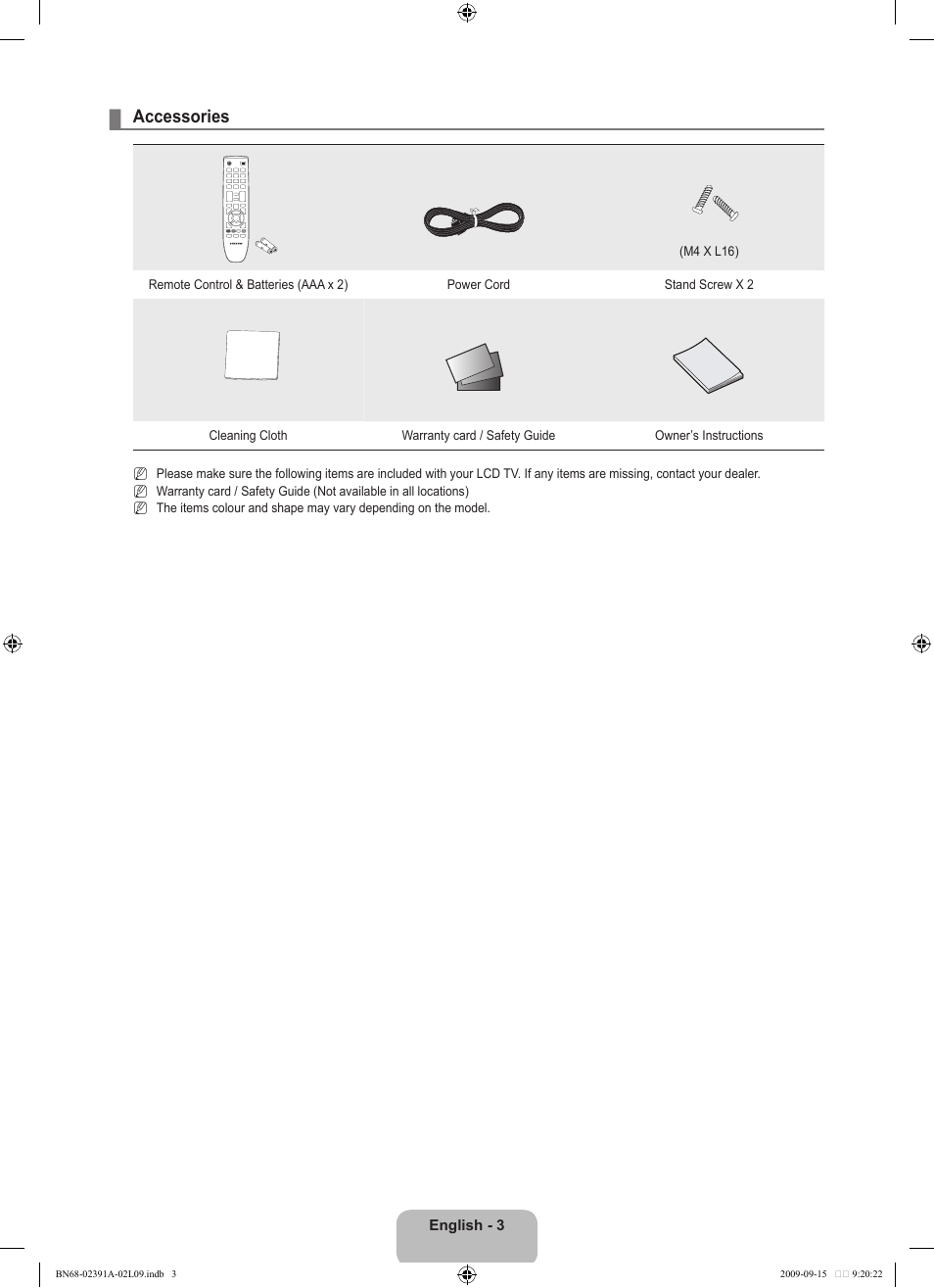 Accessories | Samsung LE22B450C8W User Manual | Page 5 / 314