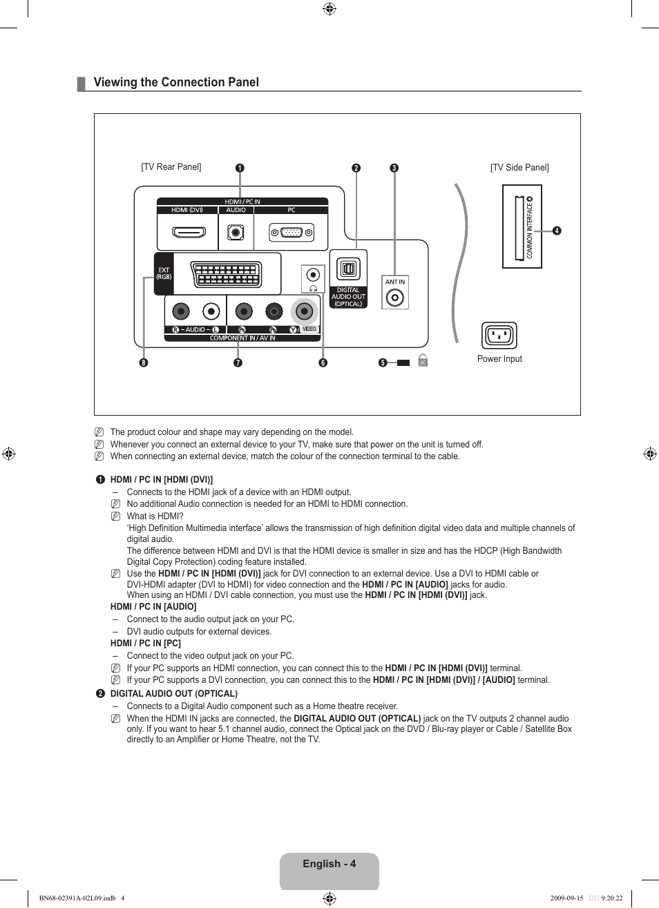 Viewing the connection panel | Samsung LE22B450C8W User Manual | Page 6 / 314