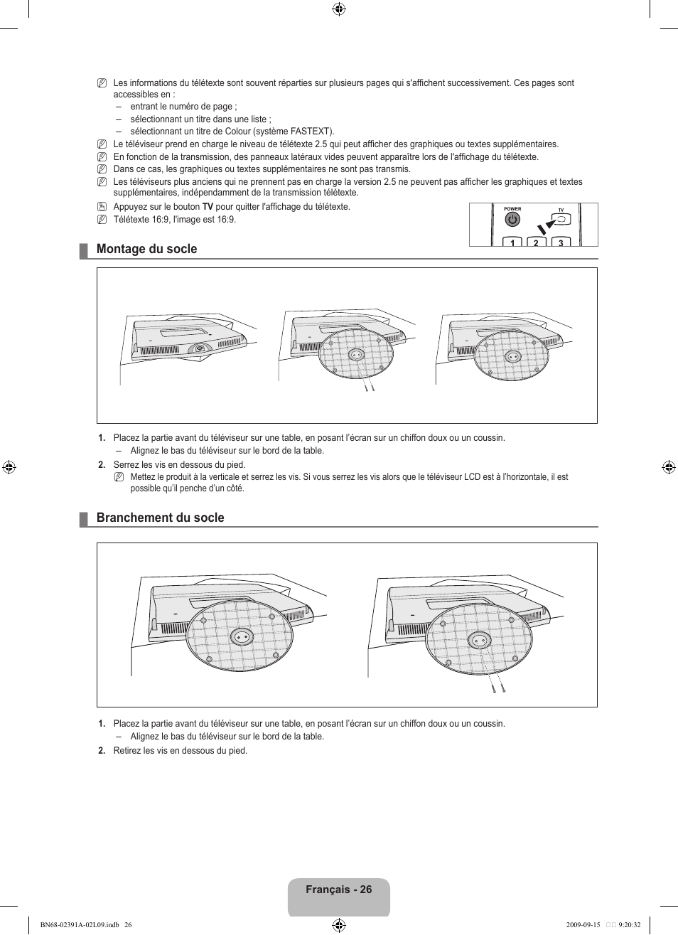 Montage du socle, Branchement du socle | Samsung LE22B450C8W User Manual | Page 62 / 314