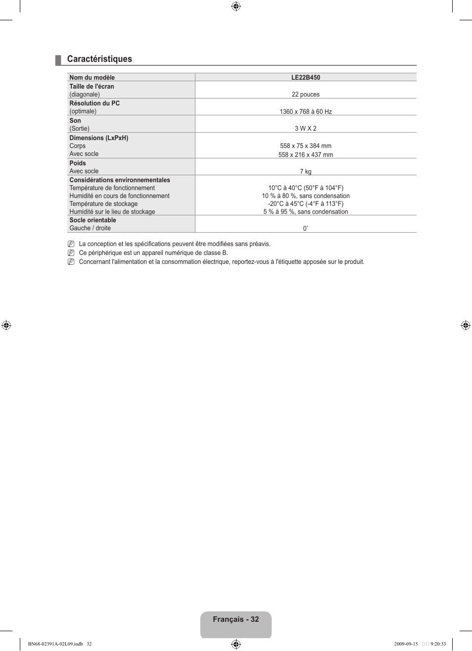 Caractéristiques | Samsung LE22B450C8W User Manual | Page 68 / 314