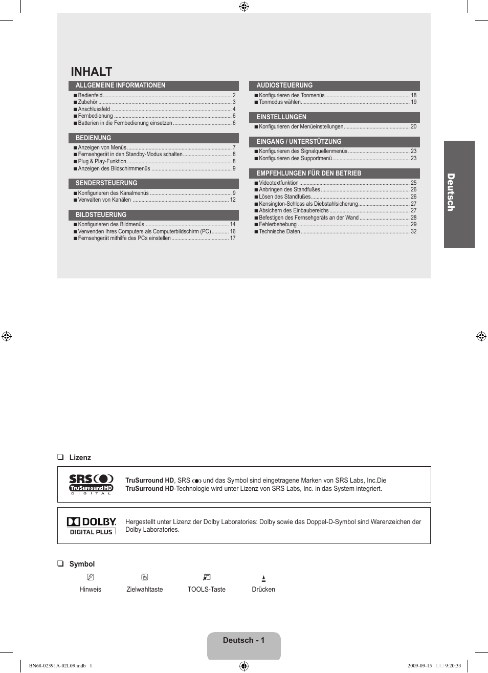 Inhalt, Deutsc h | Samsung LE22B450C8W User Manual | Page 71 / 314