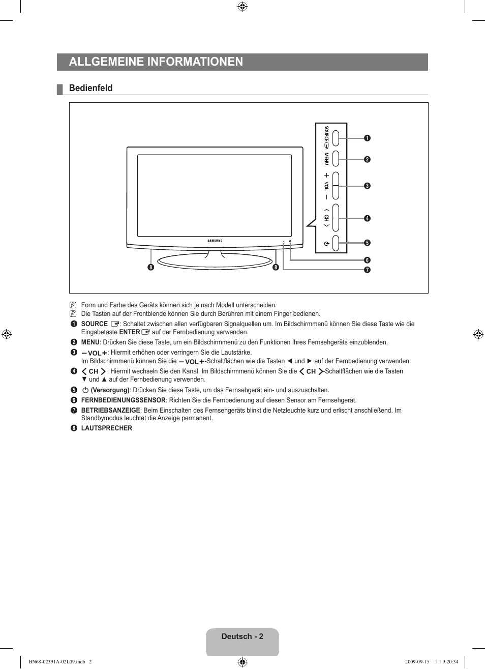 Allgemeine informationen, Bedienfeld | Samsung LE22B450C8W User Manual | Page 72 / 314