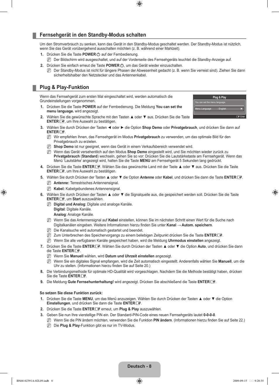 Fernsehgerät in den standby-modus schalten, Plug & play-funktion | Samsung LE22B450C8W User Manual | Page 78 / 314