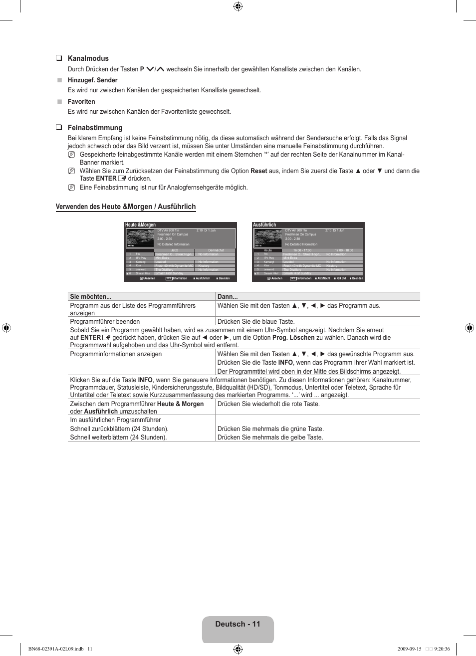 Deutsch - 11 kanalmodus, Feinabstimmung, Verwenden des heute &morgen / ausführlich | Samsung LE22B450C8W User Manual | Page 81 / 314