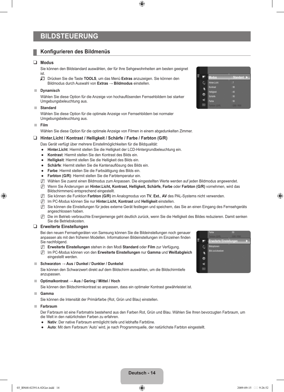 Bildsteuerung, Konfigurieren des bildmenüs | Samsung LE22B450C8W User Manual | Page 84 / 314