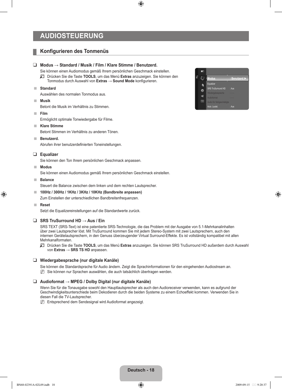 Audiosteuerung, Konfigurieren des tonmenüs | Samsung LE22B450C8W User Manual | Page 88 / 314
