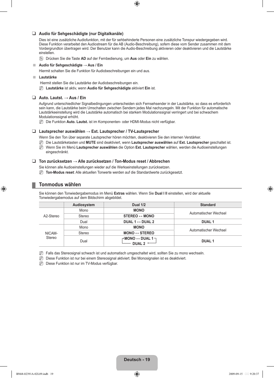 Tonmodus wählen | Samsung LE22B450C8W User Manual | Page 89 / 314