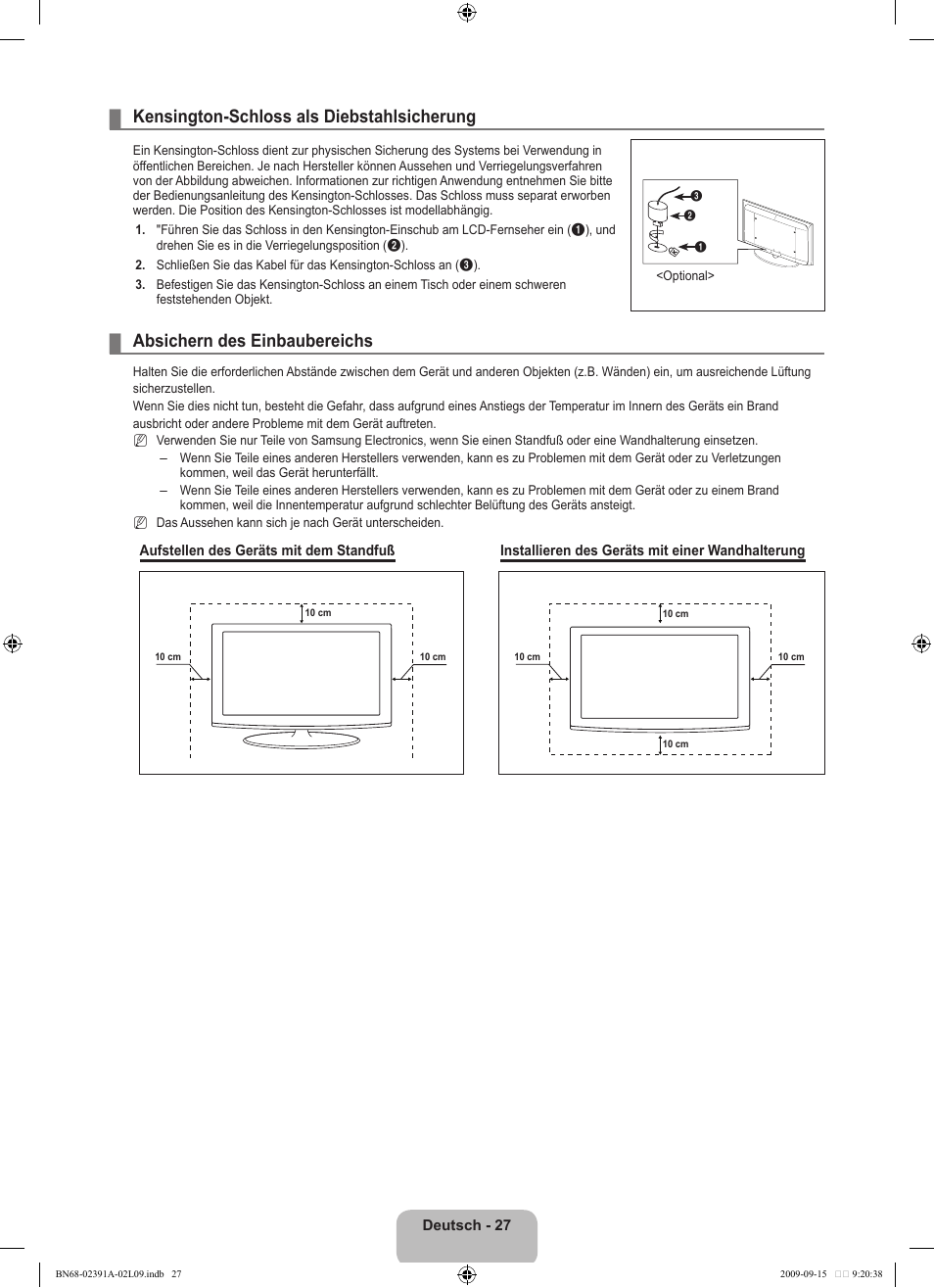 Kensington-schloss als diebstahlsicherung, Absichern des einbaubereichs | Samsung LE22B450C8W User Manual | Page 97 / 314